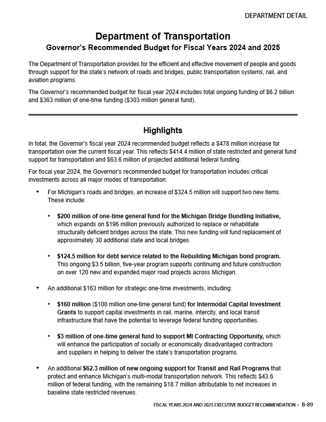 Department of Transportation Recommended Budget highlight: $160 million, $100 million one-time general fund, for Intermodal Capital Investment Grants to support rail, marine, intercity, and local transit infrastructure that have the potential to leverage federal funding opportunities.