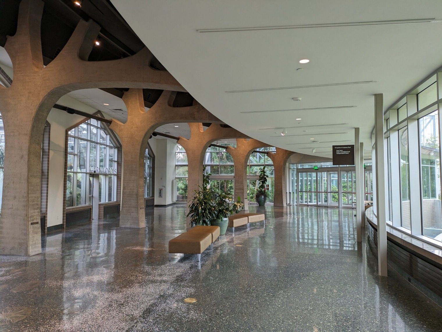 The main doors to Meijer Gardens on a slow evening with no people in frame