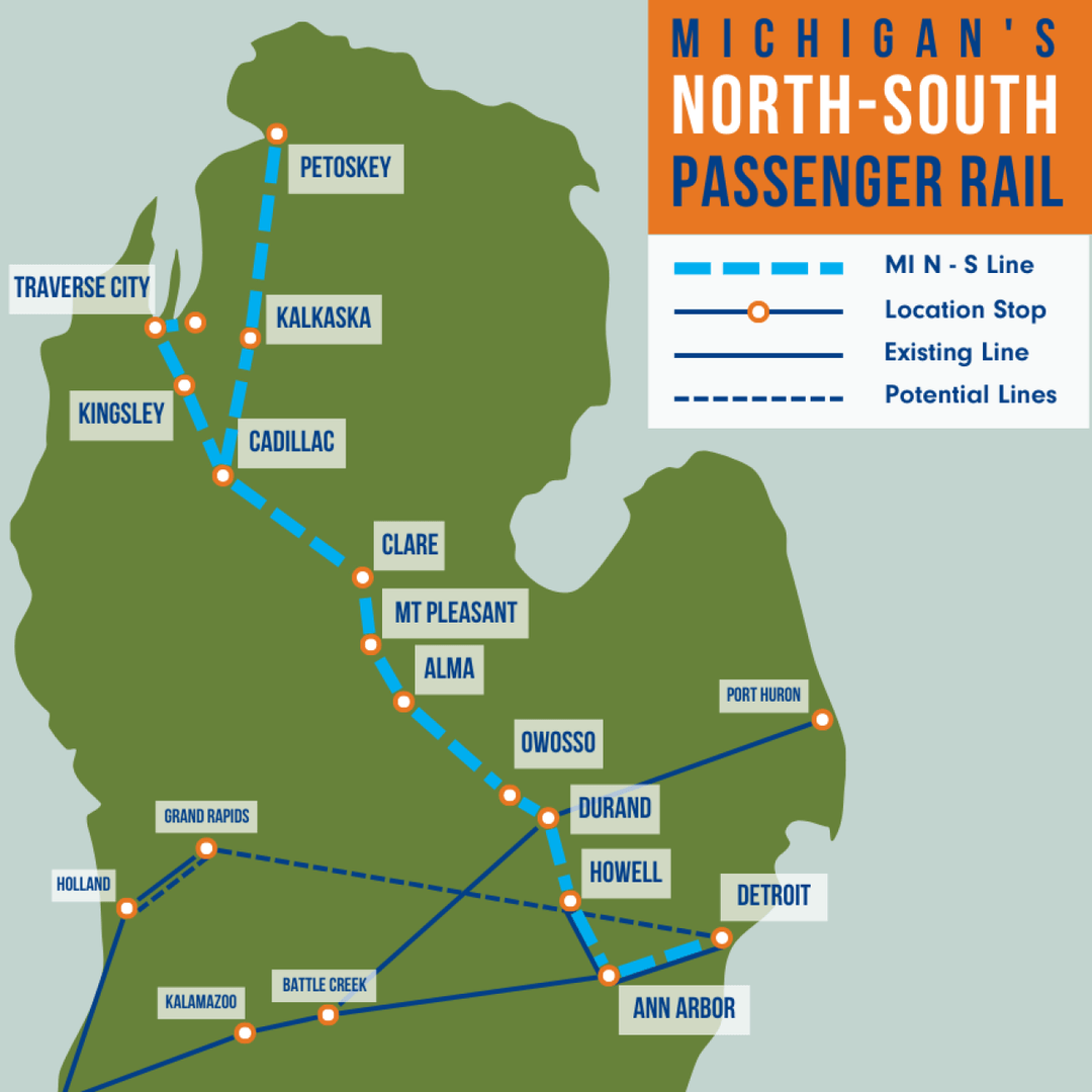 A map of the planned North-South Rail between Detroit, Ann Arbor, Traverse City, and Petoskey