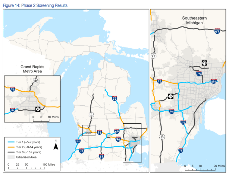 A map of toll roads being considered in the study.