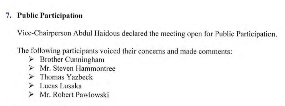 Screenshot of the list of five people who gave in-person public comment in May