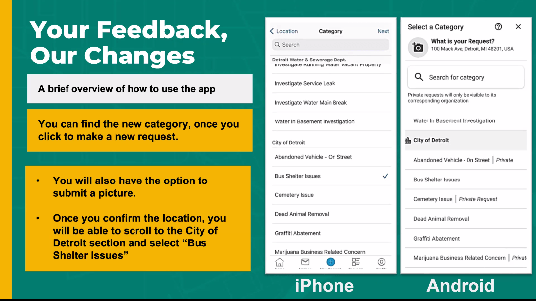 A continuation of the previous slide shows the process for submitting a report and uploading relevant photos. The new categories are found under "Bus Shelter Issues."