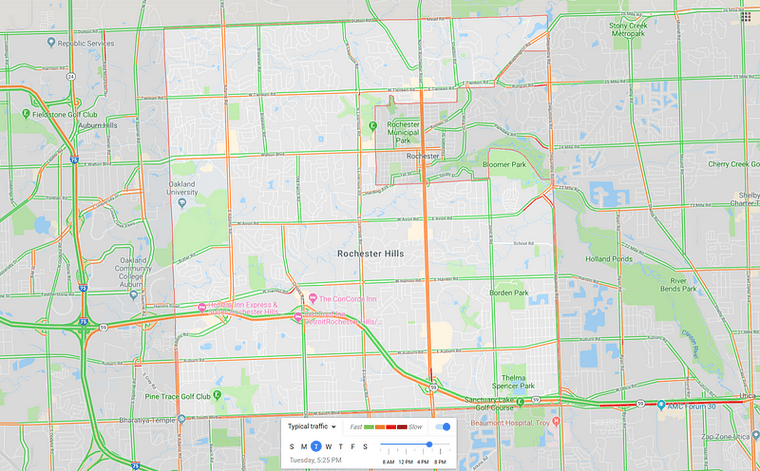 A screenshot of Google Maps showing average traffic levels on a Tuesday at 5:30pm on major streets in Rochester Hills.