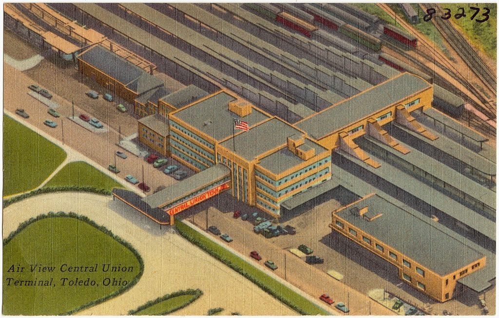 A historic postcard showing stylized concept artwork of the station as seen from above