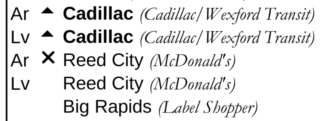 Inset of the schedule showing Reed City McDonald's