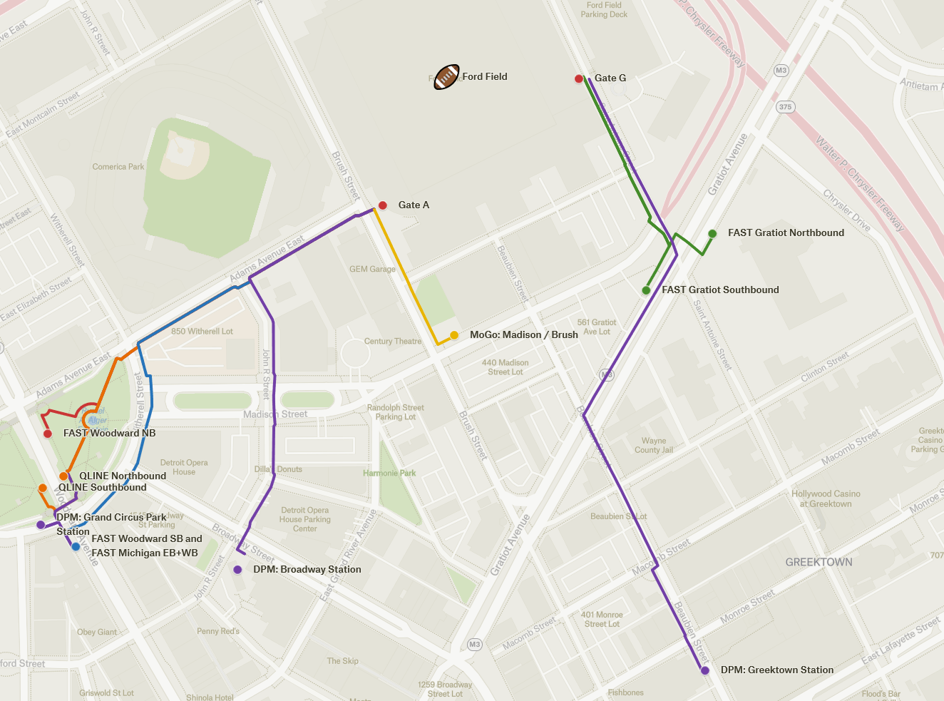 Map of walking paths to Ford Field from FAST routes, the QLINE, the People Mover, and the closest MoGo station