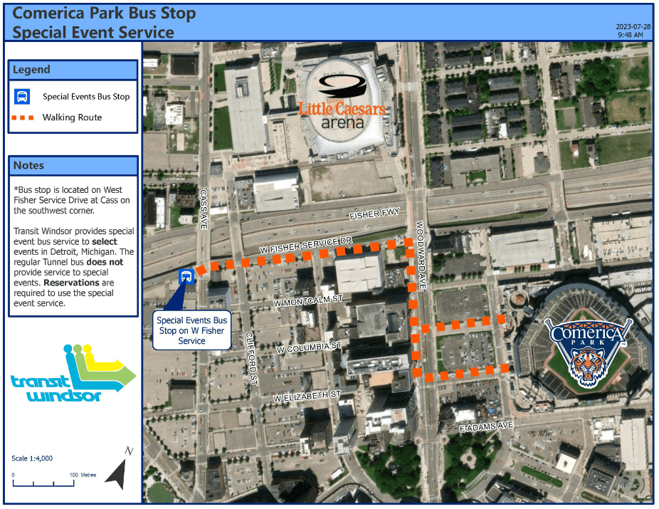 Map of pickup location on the I-75 Service Drive west of Cass Avenue