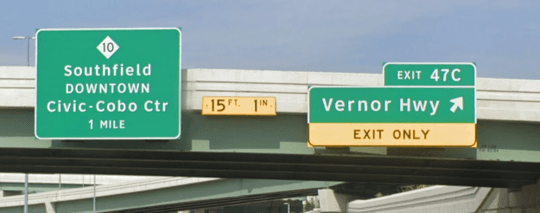 Signage for M-10 South and Exit 47C to Vernor Highway