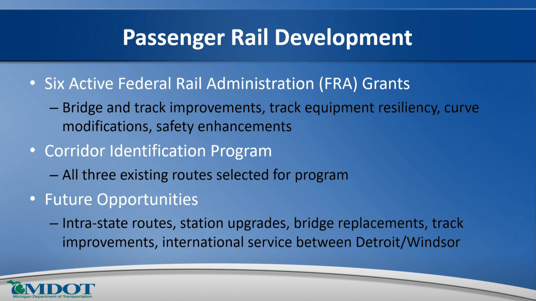 Passenger Rail Development: Six active FRA grants, Corridor ID, and future station upgrades in the works