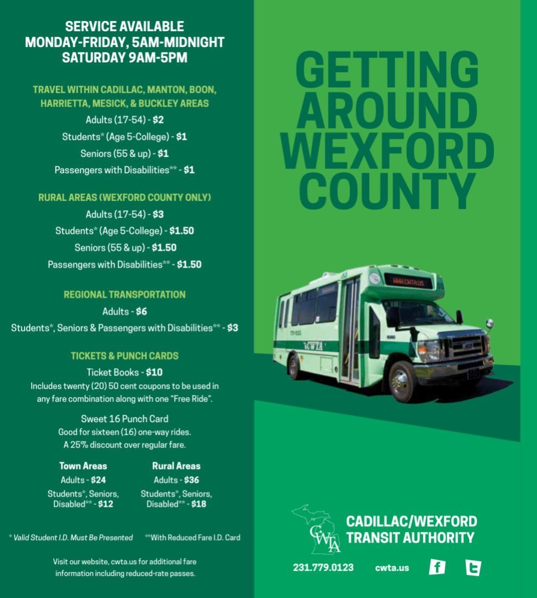 Brochure for Wexford County's demand-response service, which runs Monday through Saturday