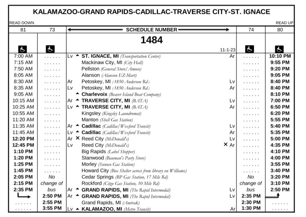 The full timetable for Indian Trails Schedule 1484, serving Kalamazoo, Grand Rapids, Cadillac, Traverse City, and St. Ignace