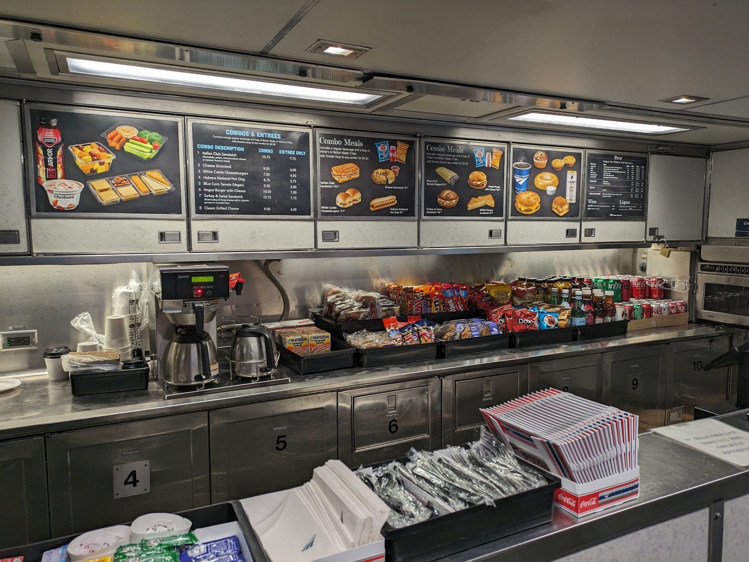 The café car, with a wide variety of snacks, sandwiches, muffins, and other grab-and-go fare