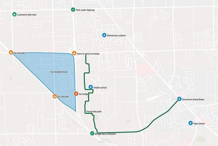 A map of my neighborhood along Fenton Road, between Mundy Township and Grand Blanc Township. Various bridges in the area are marked as impassable by bike.