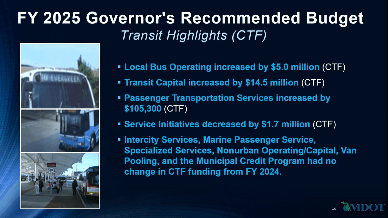 A screenshot from MDOT's budget presentation highlighting the $5M increase to base-level Local Bus Operations funding