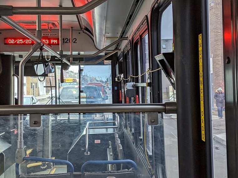 A traffic jam in Hamtramck as seen from inside the bus.