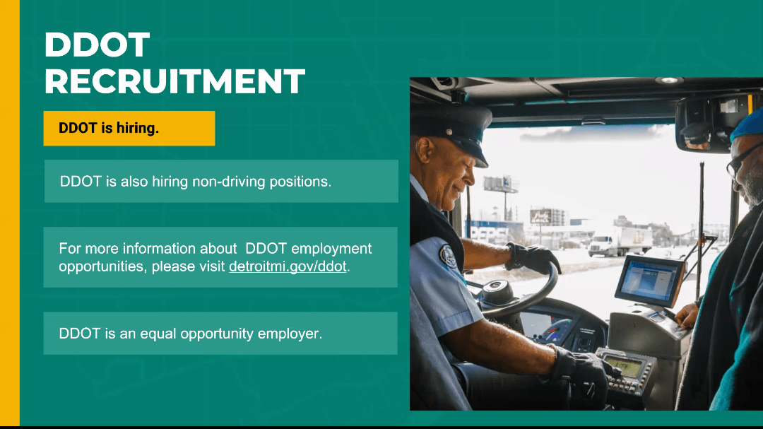 Continued: "DDOT is also hiring non-driving positions. DDOT is an equal opportunity employer." A uniformed bus driver smiles as he collects fare from a passenger.