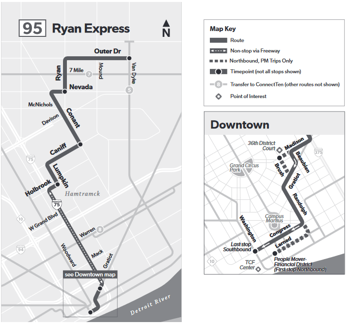 Standalone map of Route 95, the Ryan Express.