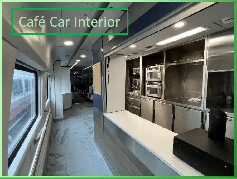 The interior of one of the new cafe cars, showing the wider hallway width in front of the counter