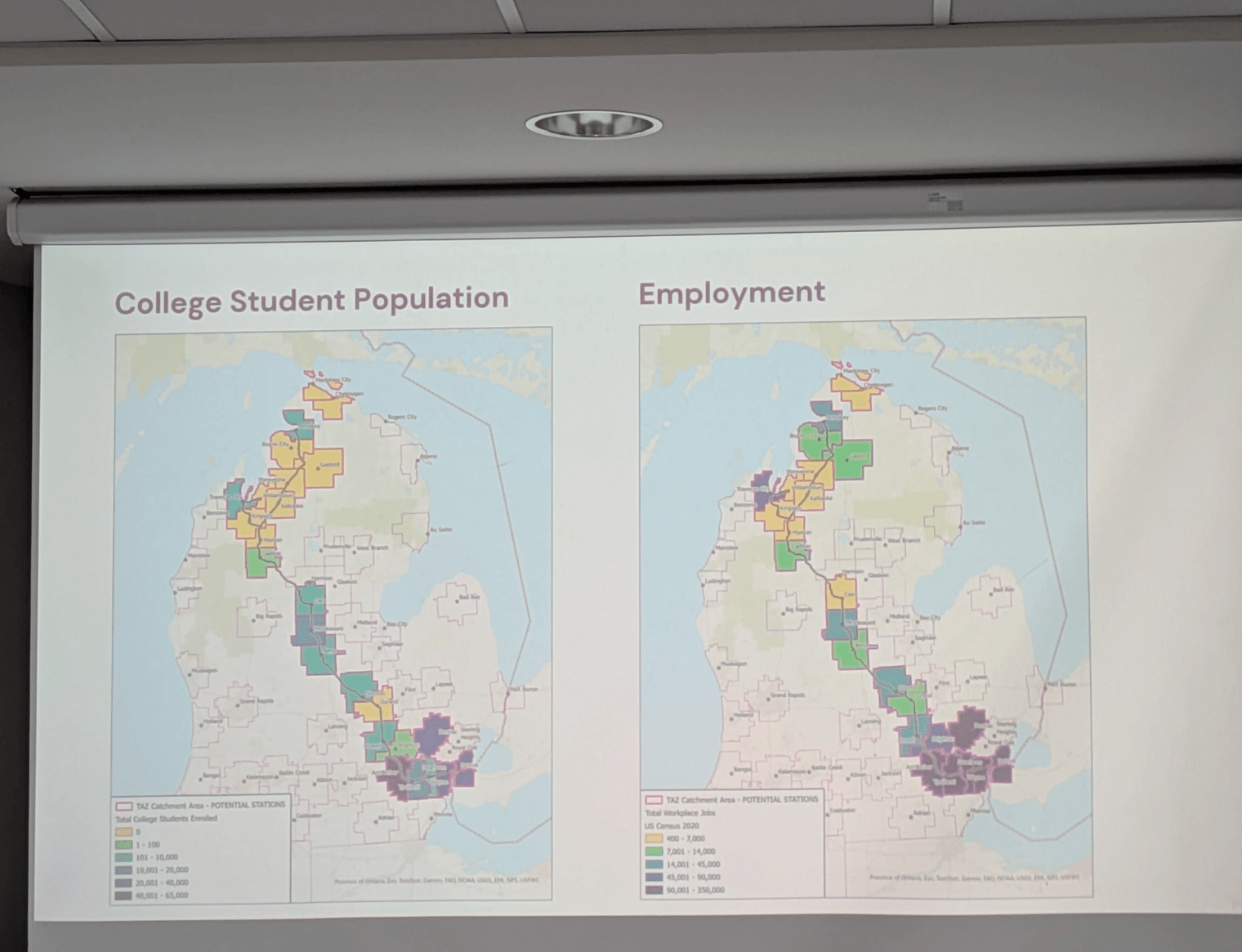 Map of college student populations and employers along the line. Metro Detroit, Mount Pleasant, and Traverse City are clear anchors.