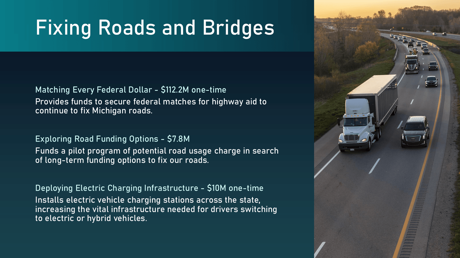 A screenshot from the state budget presentation highlighting $112.2M in one-time federal match dollars, $7.8M for exploring new road funding options, and $10M in one-time funding for electric vehicle charging infrastructure