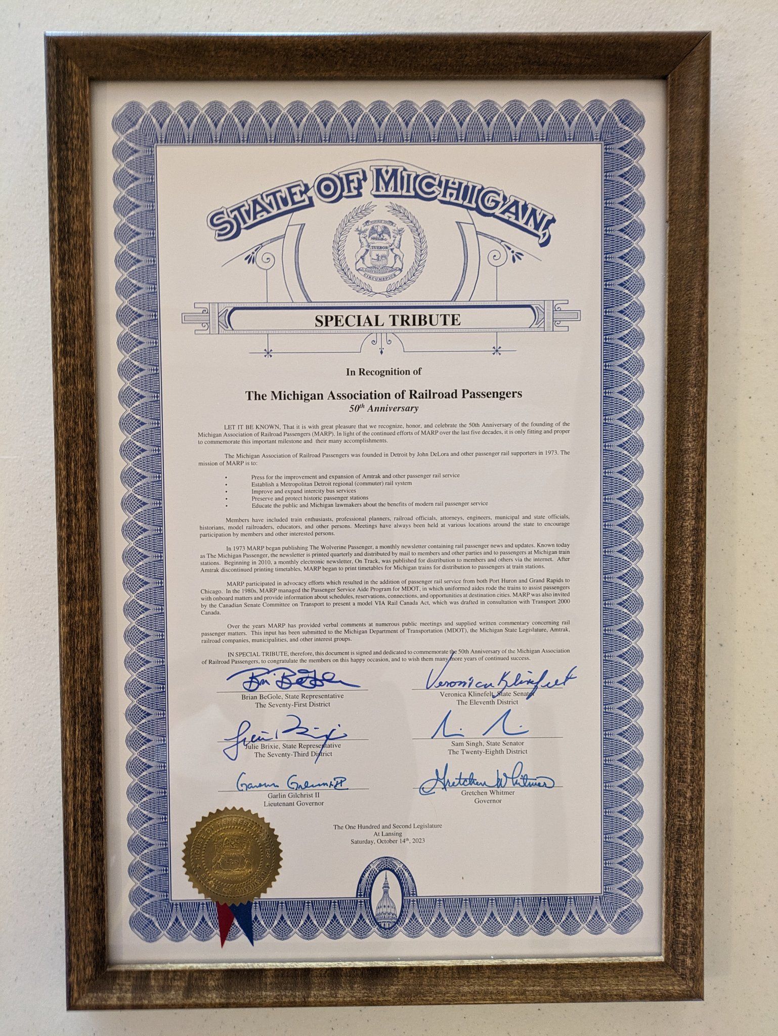 The special tribute to MARP, signed by Senator Klinefelt, Senator Singh, Representative BeGole, Representative Brixie, Governor Whitmer, and Lieutenant Governor Gilchrist