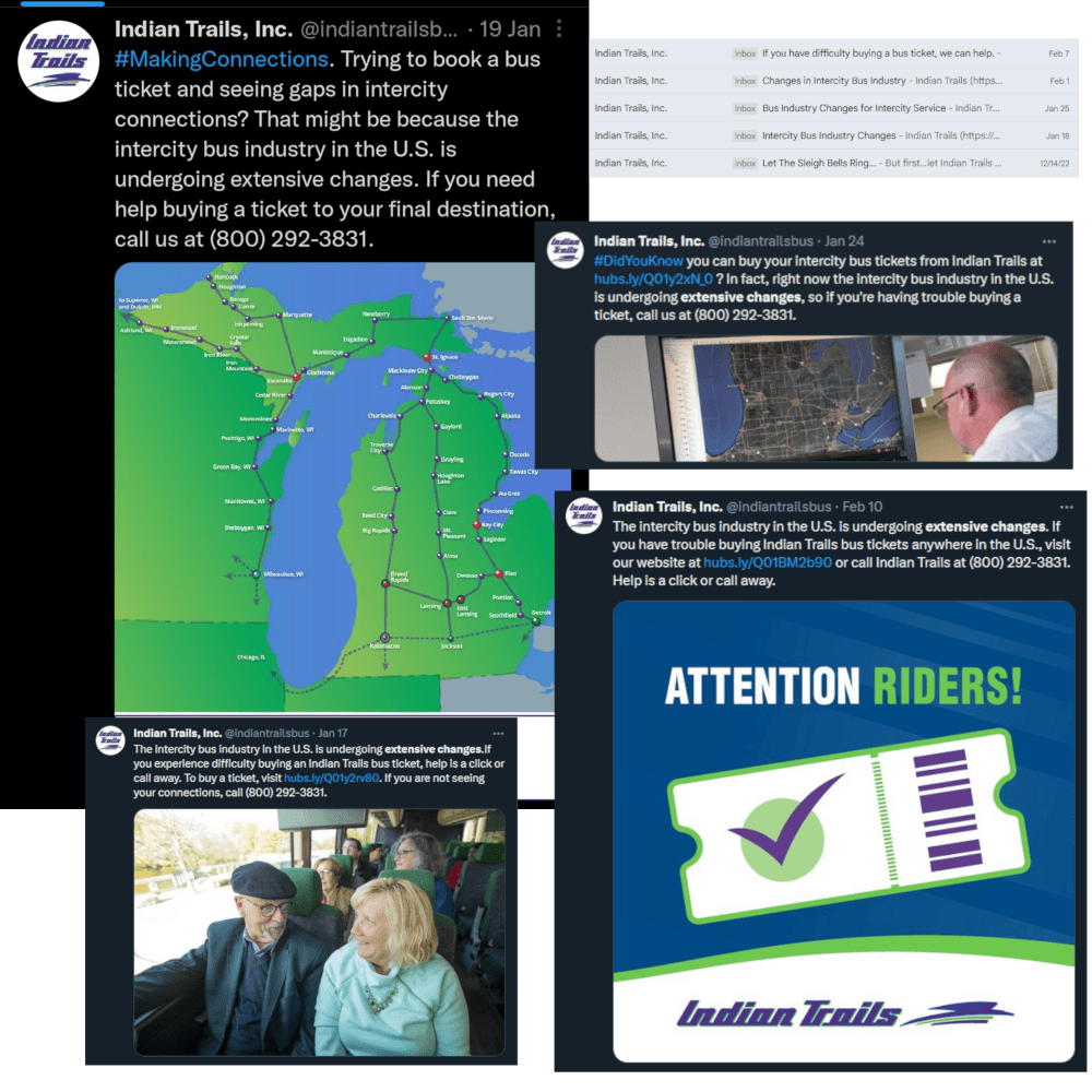 Four tweets and several emails, all with the same wording, from Indian Trails
