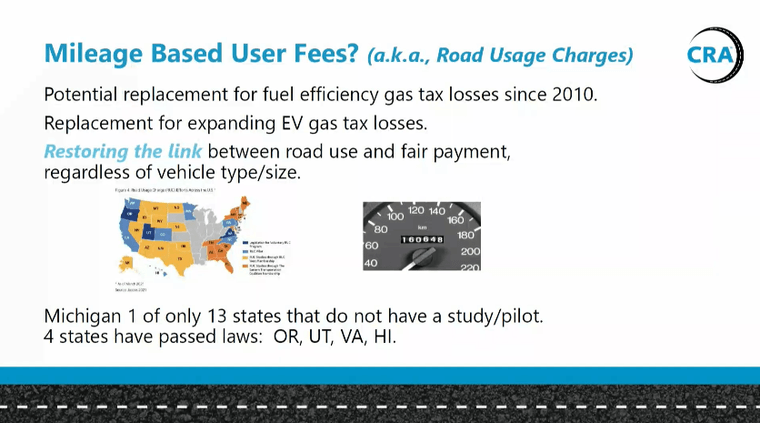 A slide on Mileage Based User Fees (Road Usage Charges). Four states have passed laws enacting them: Oregon, Utah, Virginia, and Hawaii.