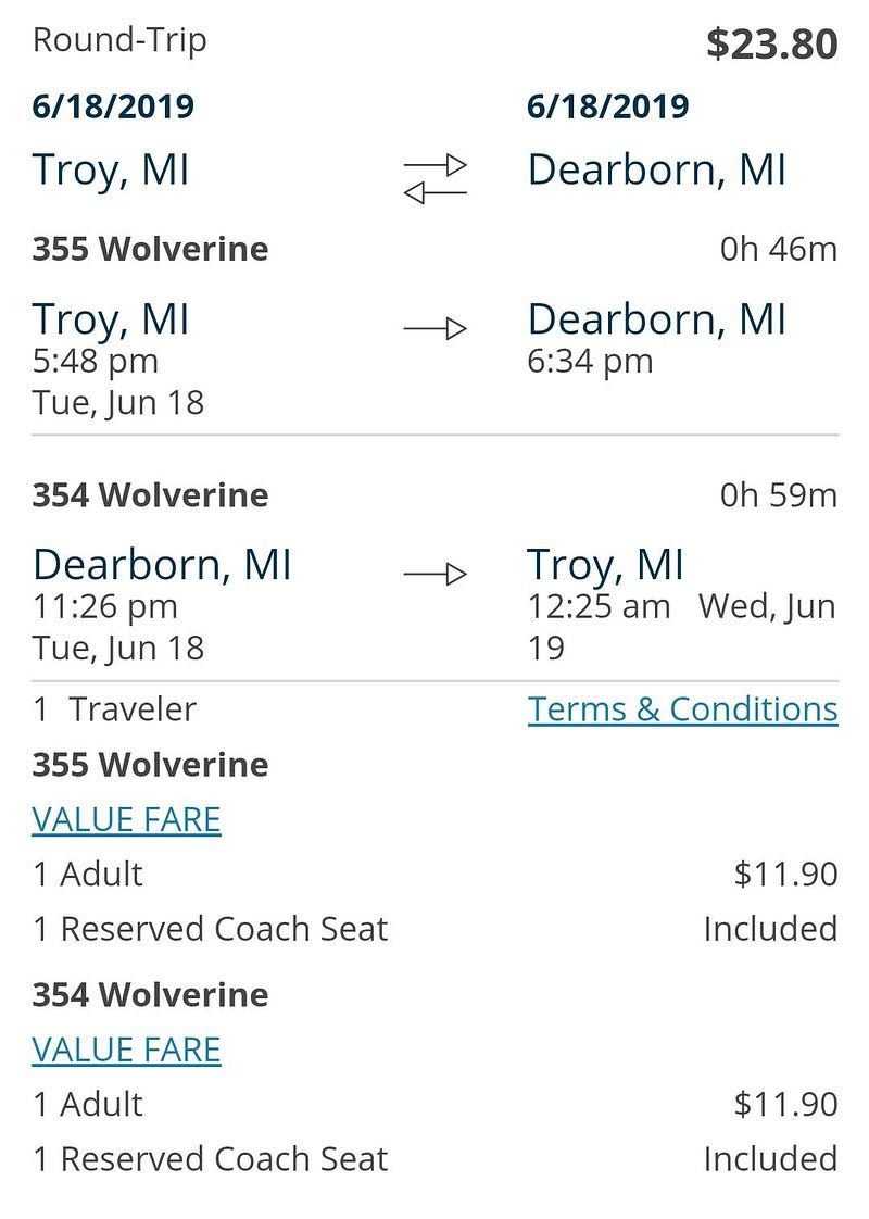 Amtrak timetable between Troy and Dearborn