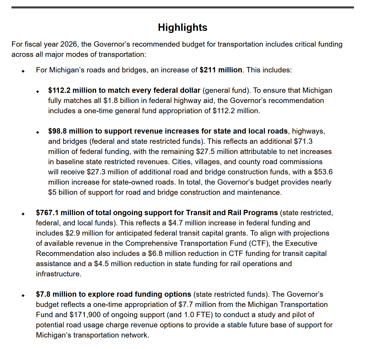 Screenshot of the Executive Budget overview which highlights $767.1M of total ongoing support for Transit and Rail programs. "This reflects a $4.7M increase in federal funding and includes $2.9M for anticipated federal transit capital grants. To align with projections of available revenue in the Comprehensive Transportation Fund (CTF), the Executive Recommendation also includes a $6.8M reduction in CTF funding for transit capital assistance and a $4.5M reduction in state funding for rail operations and infrastructure.