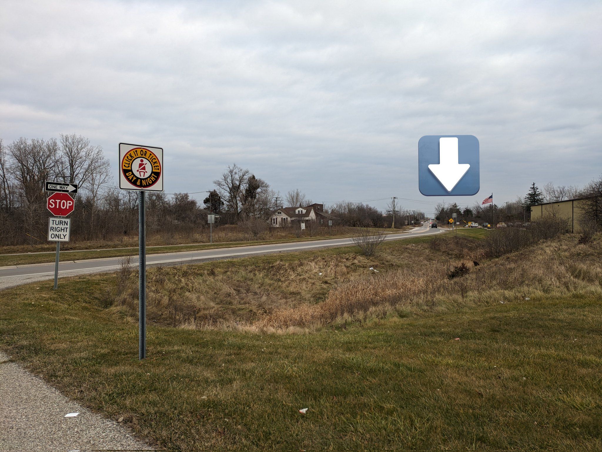 The grassy ditch that stands between the driveway and the bus stop several hundred feet away, with no sidewalk connection