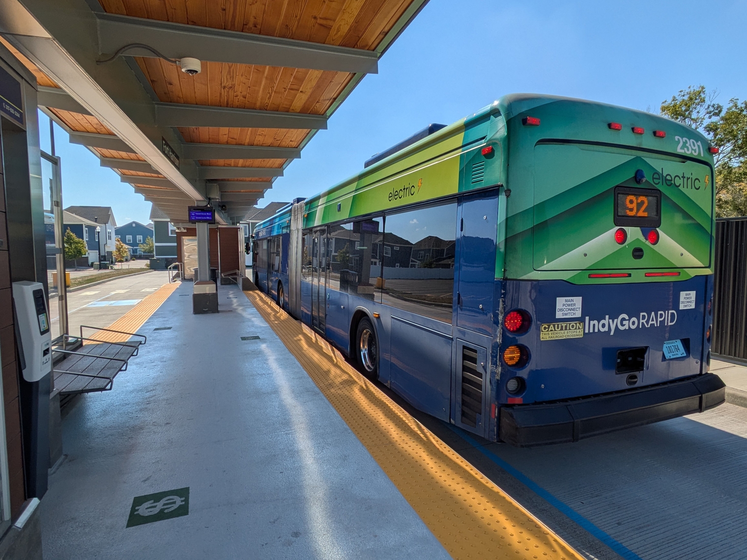 An IndyGo Rapid articulated bus at the Ivy Tech Lawrence station northeast of Indianapolis