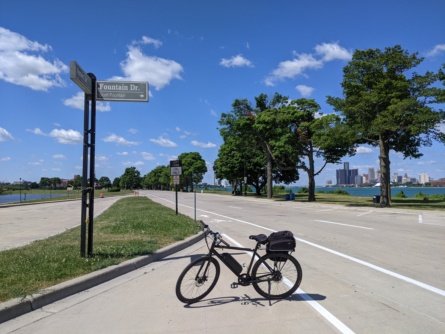 My e-Sparrow on Belle Isle with no cars on the street, as captured in 2022