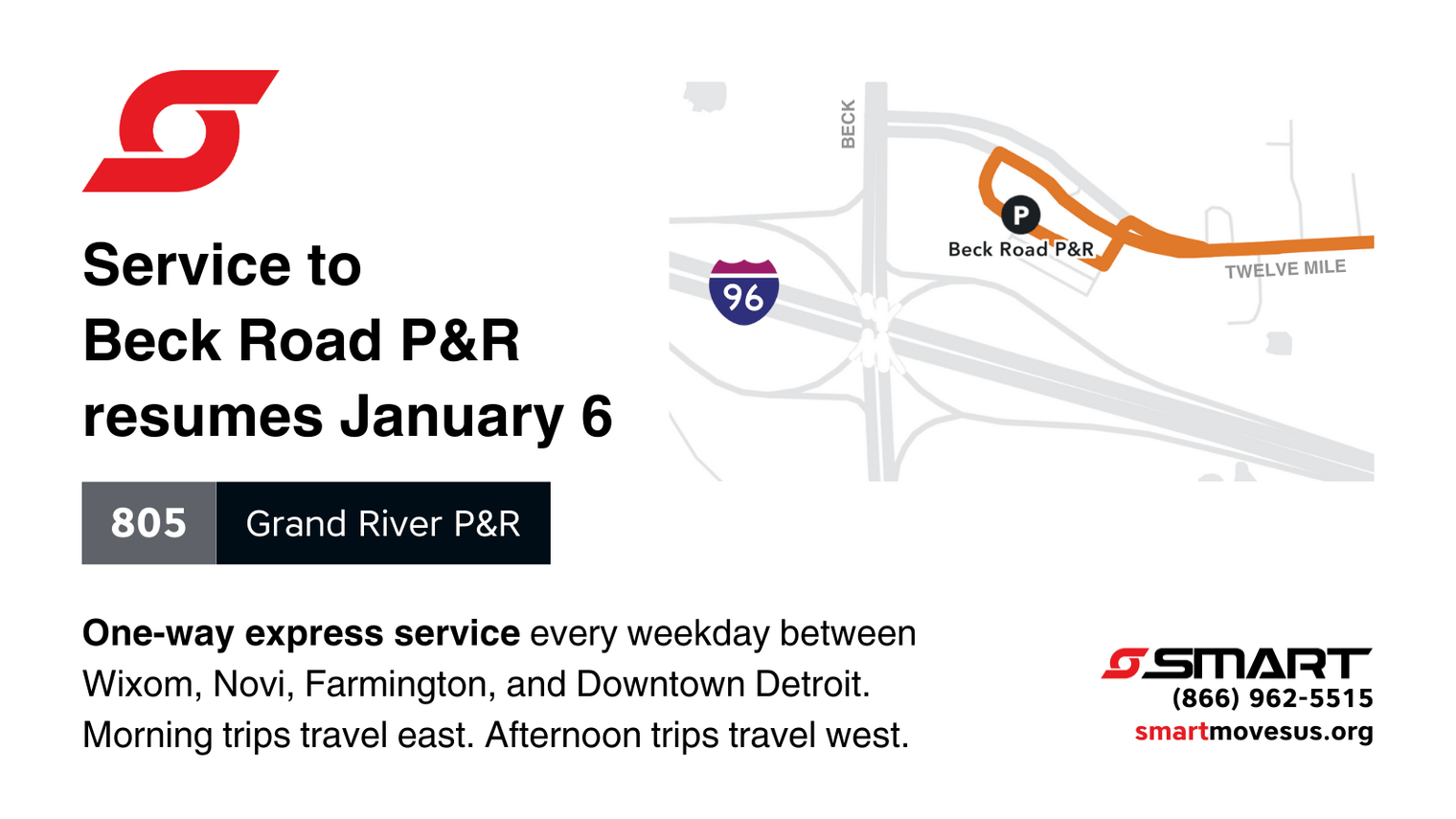 A line diagram showing the location of the new Park & Ride lot off I-96, on Twelve Mile east of Beck. Text reads, "One-way express service every weekday between Wixom, Novi, Farmington, and Downtown Detroit. Morning trips travel east. Afternoon trips travel west."