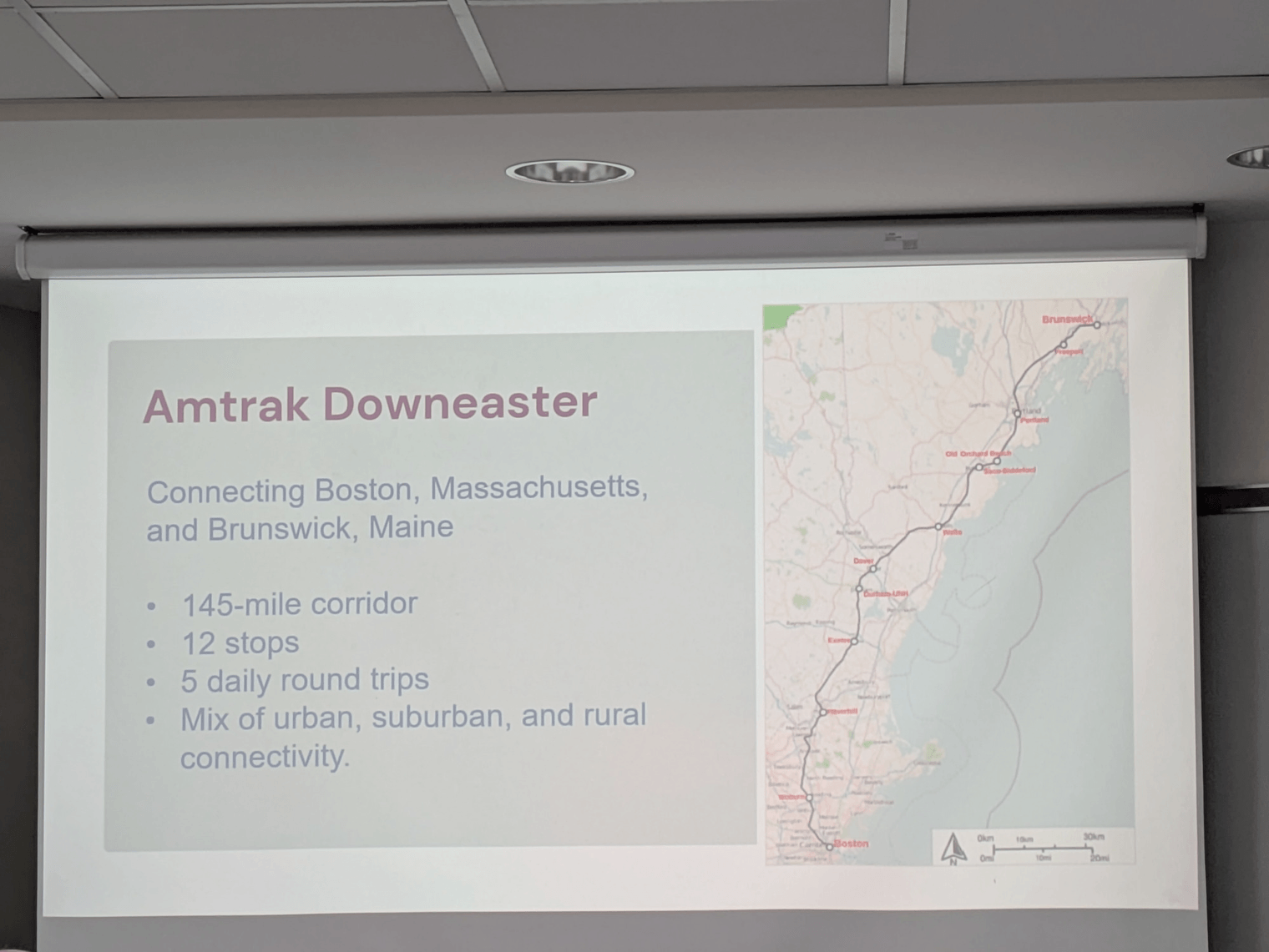 Map of the Downeaster from Boston, Massachusetts to Brunswick, Maine