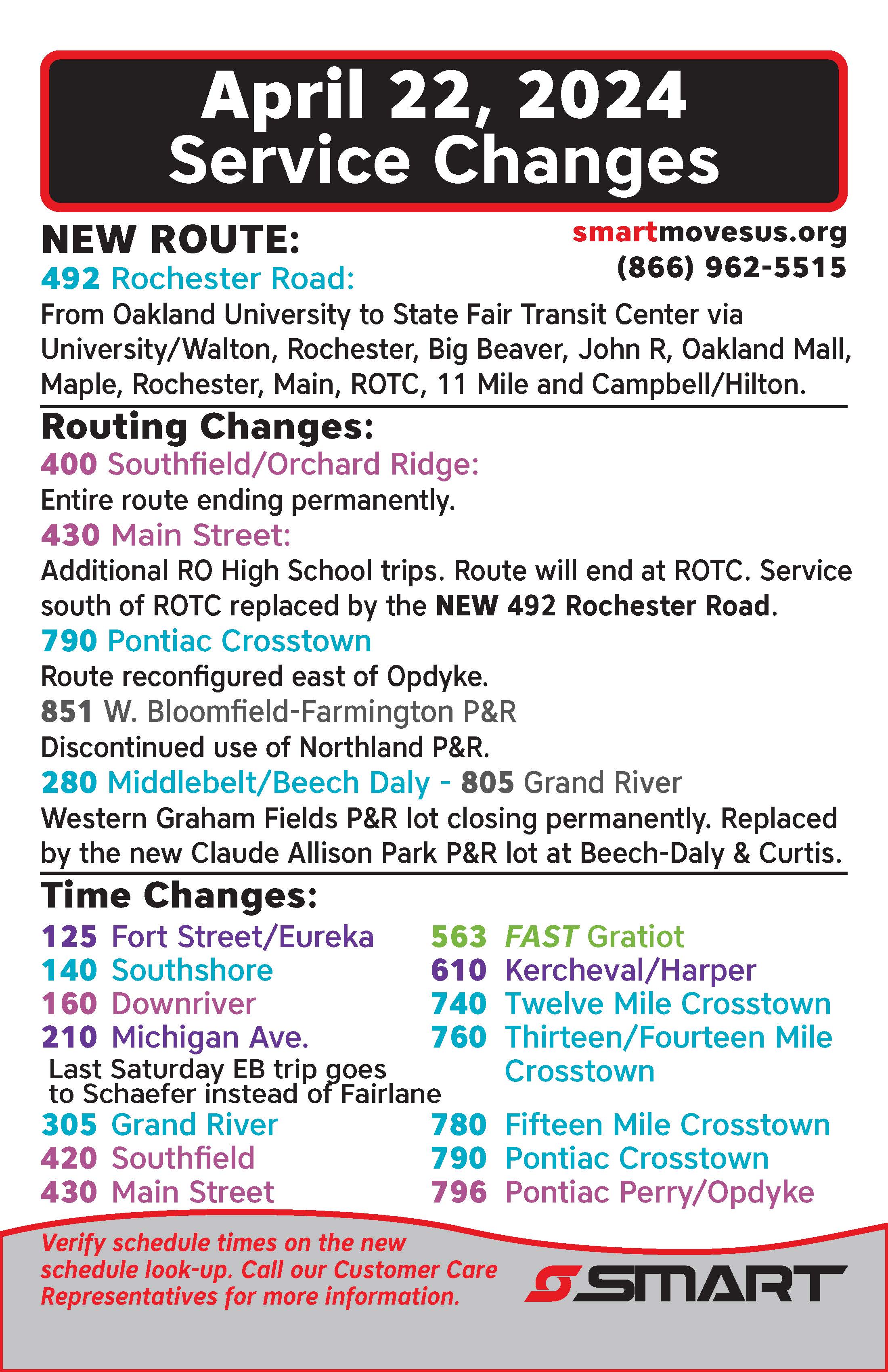 April 22, 2024 Service Changes. New: Route 492. Modified: Routes 280, 430, 790, 805, 851. Eliminated: Route 400. Time Changes: Route 125, 140, 160, 210, 305, 420, 430, 563, 610, 740, 760, 780, 790, and 796.