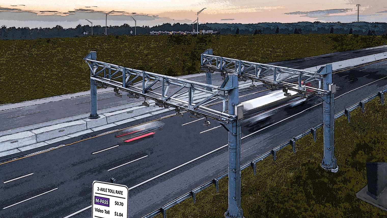 Stylized render of expressway traffic speeding under an "M-PASS" toll gantry