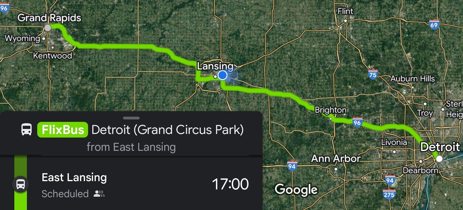 Route map showing a scheduled departure from Lansing at 5:00pm