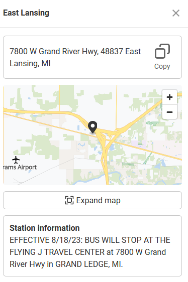 The new "East Lansing" stop is in Grand Ledge as of August 18th.