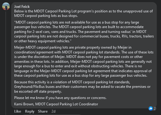 A statement from MDOT on Facebook saying Greyhound/FlixBus is not authorized to use their carpool lots