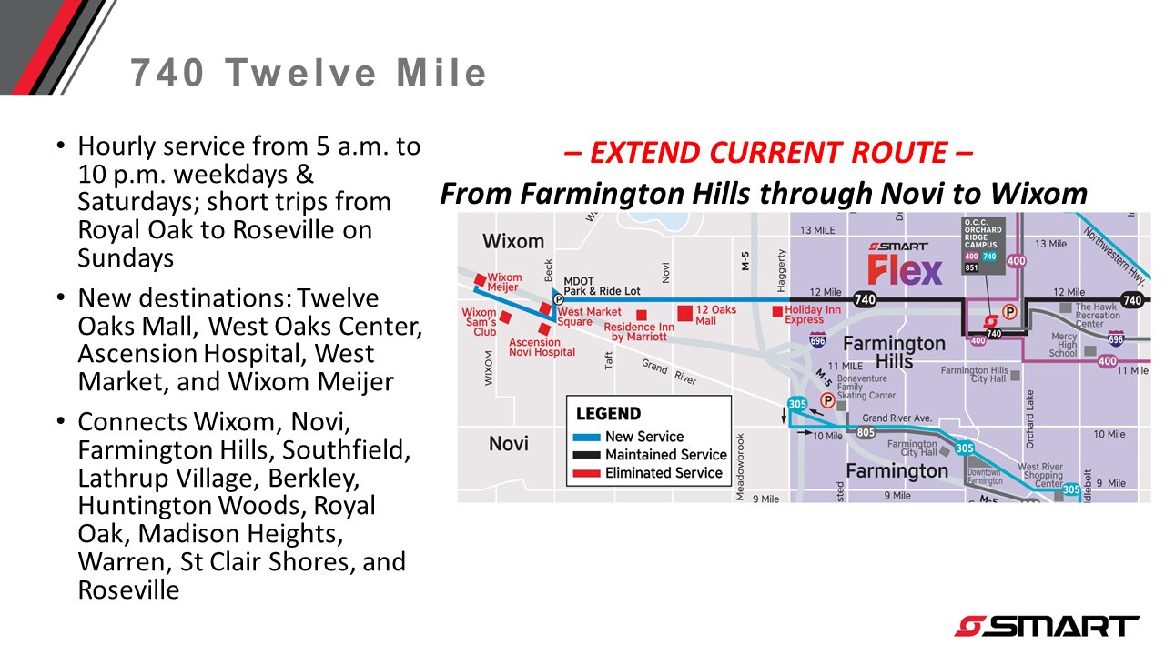 Map of Route 740, extended along 12 Mile west of Haggerty to serve Holiday Inn Express, Twelve Oaks Mall, Residence Inn, West Market Square, Ascension Novi Hospital, Wixom Sam's Club, and Wixom Meijer. Operates 5am to 10pm weekdays and Saturdays at 60 minute frequency.