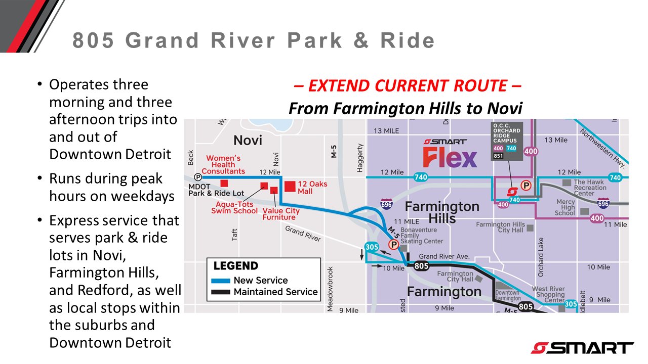 Map of Route 805, Grand River Park and Ride, extended to serve Twelve Oaks Mall and the MDOT Park & Ride Lot at Beck Road. Operates three eastbound morning trips and three westbound afternoon trips on weekdays.