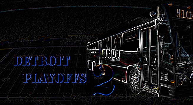 An image of a SMART FAST bus in front of Ford Field with caption "Detroit Playoffs" stenciled in blue, with a neon filter applied