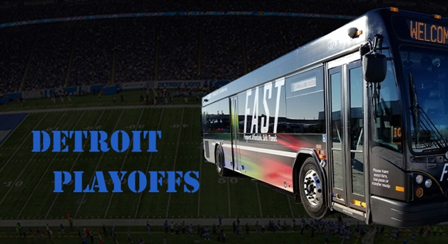 An image of a SMART FAST bus in front of Ford Field with caption "Detroit Playoffs" stenciled in blue