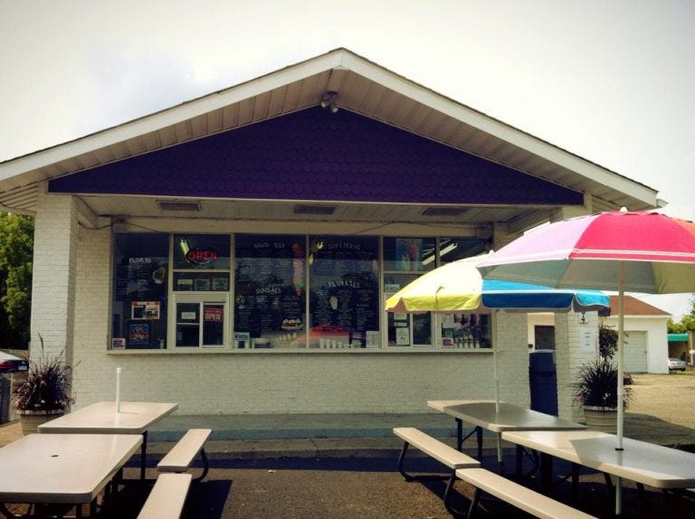 Exterior of Ziggy's, a small shop with two walk-up windows and rows of picnic tables under colorful umbrellas in the parking lot