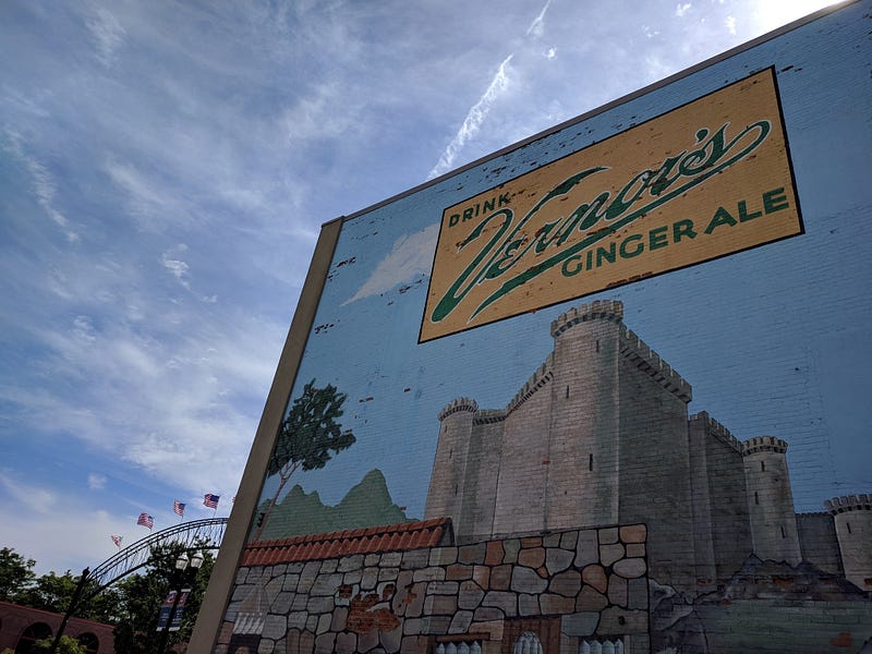 The Vernors mural, painted on brick, depicting an old castle