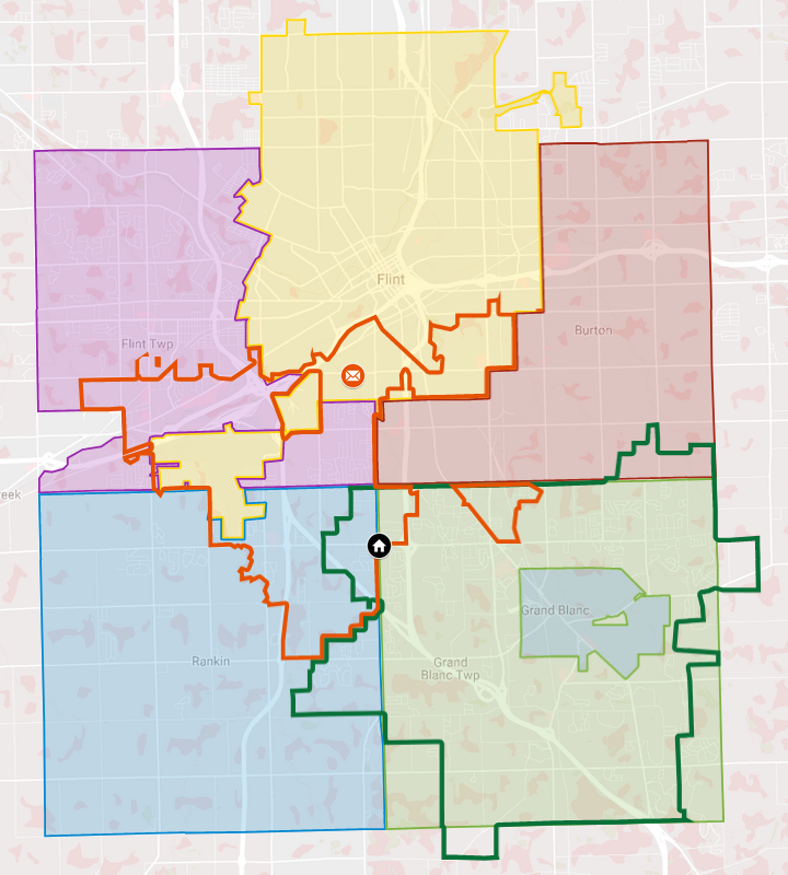 The municipal boundary map with zip code 48507 outlined.